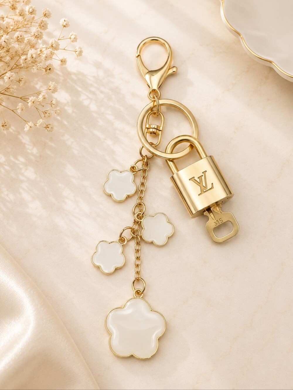 Authentic Louis Vuitton Lock & Key with Unbranded Flower Charm, Keychain